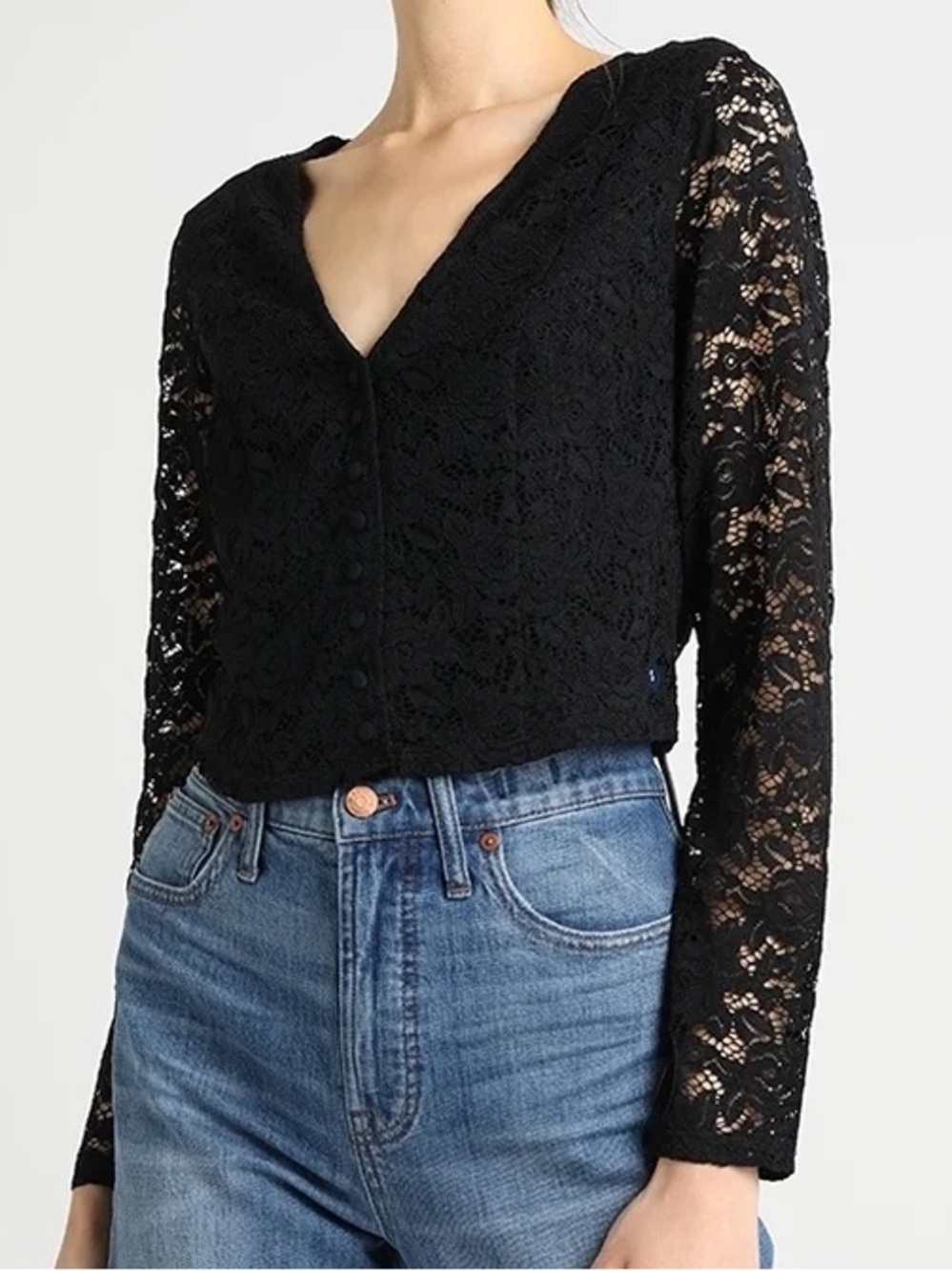 Abercrombie & Fitch Black Lace V-Neck Button-Up Blouse